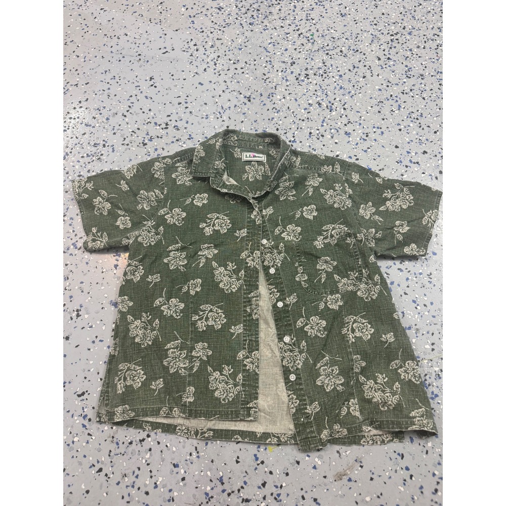L.L.Bean Kids Green‎ Floral Button Down Short Sleeve Shirt L